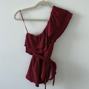 Maeve flirty, red and white polkadot, one shoulder blouse